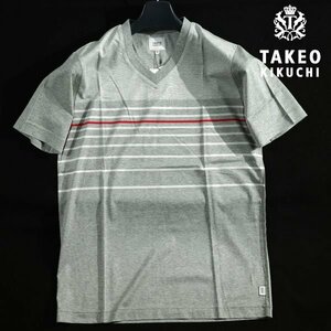 新品1円～★TAKEO KIKUCHI タケオキクチ メンズ 半袖 ボーダー Vネックカットソー Tシャツ M グレー ルームウェア 本物◆1206◆