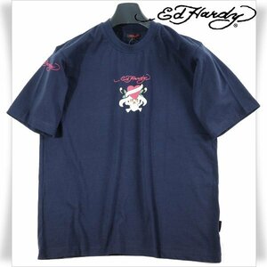 新品1円～★Ed Hardy エドハーディー メンズ 半袖 コットン綿 天竺 ポケット付き Tシャツ LL ネイビー クルーネック カットソー ◆1259◆