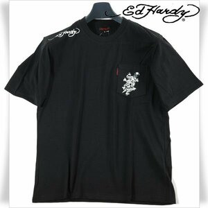 新品1円～★Ed Hardy エドハーディー メンズ 半袖 コットン綿 天竺 ポケット付き Tシャツ L 黒 ブラック クルーネック カットソー ◆1260◆