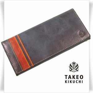 新品1円～★TAKEO KIKUCHI タケオキクチ 箱付き 牛革レザー 二つ折り長財布 ロングウォレット かぶせ ブラウン ネイビー 本革 本物◆1339◆