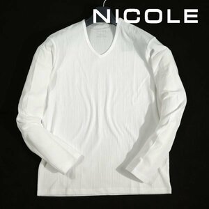 新品1円～★ニコル セレクション NICOLE selection メンズ ストレッチ 長袖 綿 Vネック ストライプカットソー 50 LL 白 ◆1591◆