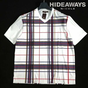 新品1円～★HIDEAWAYS NICOLE ハイダウェイ ニコル メンズ ストレッチ 半袖 VネックBIGチェックTシャツ 50 LL カットソー ◆1613◆