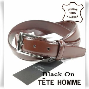 新品1円～★定価0.9万 Black On TETE HOMME テットオム 牛革レザー ビジネスベルト フリーサイズ 本革 茶 ブラウン 本物◆1755◆