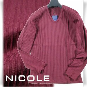 新品1円～★ニコル セレクション NICOLE selection メンズ ストレッチ 長袖 綿 Vネック ストライプカットソー 50 LL ボルドー ◆1882◆