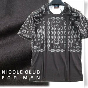 新品1円～★ニコルクラブフォーメン NICOLE CLUB FOR MEN 幾何学模様柄プリント半袖Ｔシャツ カットソー 48 L ブラック 本物 ◆1908◆