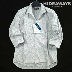 新品1円～★定価1万 HIDEAWAYS NICOLE ハイダウェイ ニコル メンズ 刺し子調ジャカード七分袖シャツ 46 M 白×ネイビー ◆1997◆