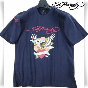 新品1円～★Ed Hardy エドハーディー メンズ 半袖 コットン綿 天竺 Tシャツ LL ネイビー クルーネック カットソー ◆2025◆