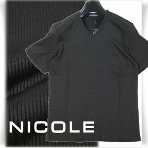 新品1円～★ニコル セレクション NICOLE selection メンズ ストレッチ 半袖 綿 Vネック ストライプ リブカットソー 46 M ブラック ◆2120◆