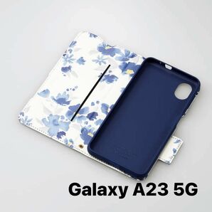 Galaxy A23 5G ソフトレザーケース 薄型 磁石　フラワーズ　ネイビー　手帳型　カバー