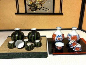 ■47 酒器2種（徳利4 猪口8）伊万里 色絵【西山】と西瓜？コロンとした形が可愛いセット