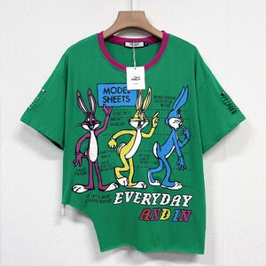 個性ヨーロッパ製※定価2万◆ブルガリア発※RISELIN 半袖Tシャツ 人気 ゆったり ダメージ加工 ウサギ トップス アシンメトリー 街着 M/46