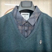 一枚限定EU製＆定価5万◆UABONI*Paris*セーター*ユアボニ*パリ発◆高品質カシミヤ ソフト 裏起毛 暖かい 切替 チェック柄 重ね着風 紳士2XL_画像3