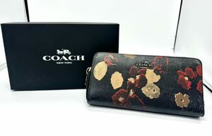 COACH コーチ　長財布　F55950　フラワープリントPVC　アコーディオンジップアラウンドファスナー　ブラックマルチ