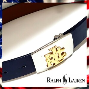 【希少】ローレンラルフローレン RALPH LAUREN 90'sヴィンテージ ロゴバックル レザーベルト 男女兼用 本革 ネイビー ビジネス カジュアル