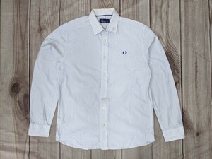 19．フレッドペリー FRED PERRY ストライプ 長袖シャツ メンズＭ　白ネイビーx708