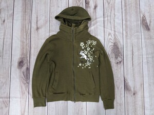 4．バレットノイズ 和柄 BULLET NOISE 桜花爛漫 鳥獣人物戯画 ジップアップ サーマル ニット パーカー フーディー メンズＭ　カーキy809