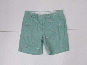 18．ラルフローレン RALPH LAUREN 総柄 ヨット コットンハーフパンツ メンズ34　薄緑系x103