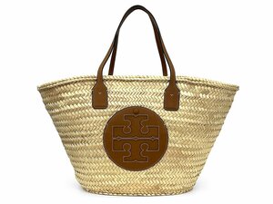 美品 Tory Burch トリーバーチ エラ ストロー×レザー バスケット トートバック かごバッグ ジップポーチ付き