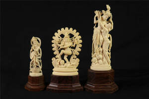 白材 天然素材 細密彫刻 仏像 インドの神様 3点　置物 細工彫刻 東洋彫刻 天然材質
