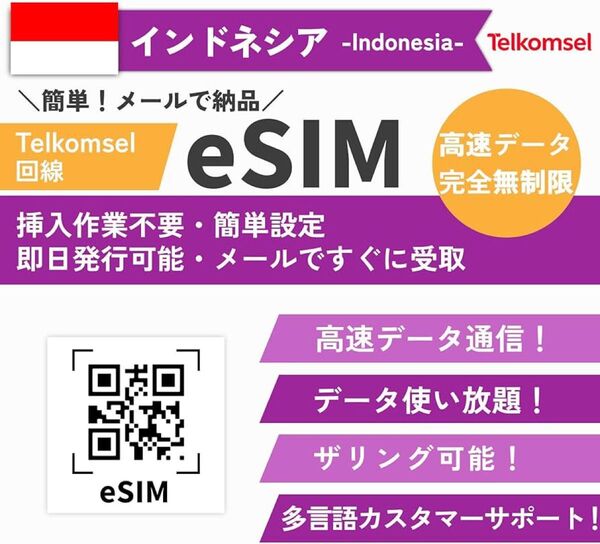 ◎ 【インドネシア eSIM】 30日間18GB+90分現地通話高速データ使い放題 完全無制限 Telkomselキャリア 即日発