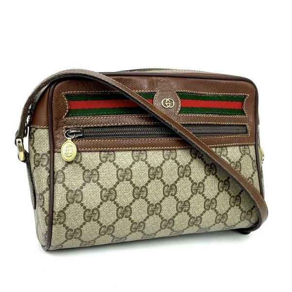 【極美品】GUCCI グッチ ショルダーバッグ シェリーライン GG柄 インターロッキング ゴールド ロゴ金具 男女兼用 斜め掛け PVC レザー 人気