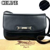 【美品】CELINE セリーヌ ショルダーバッグ ポシェット 馬車金具 Cマカダム ゴールド金具 フォーマル 男女兼用 斜め掛け カーフ レザー 黒_画像1