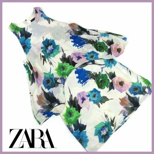 ≡◆ZARA（ザラ）▼ノースリーブ花柄ワンピース▼ホワイト×ブルー系▼Sサイズ▼ひざ丈▼ひらひらワンピース