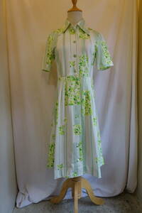 ○[60s70s80s vintage ヴィンテージ 緑グリーン 花柄 ストライプ ワンピース240415]USED古着 昭和レトロ・モダン・