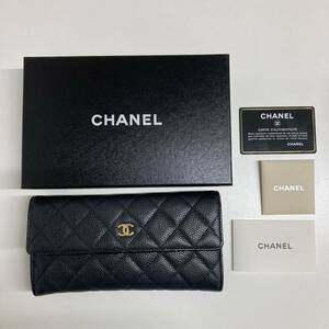 シャネル 長財布 CHANEL キャビアスキン ココマーク ブラック レザー 黒 フラップ 箱付き