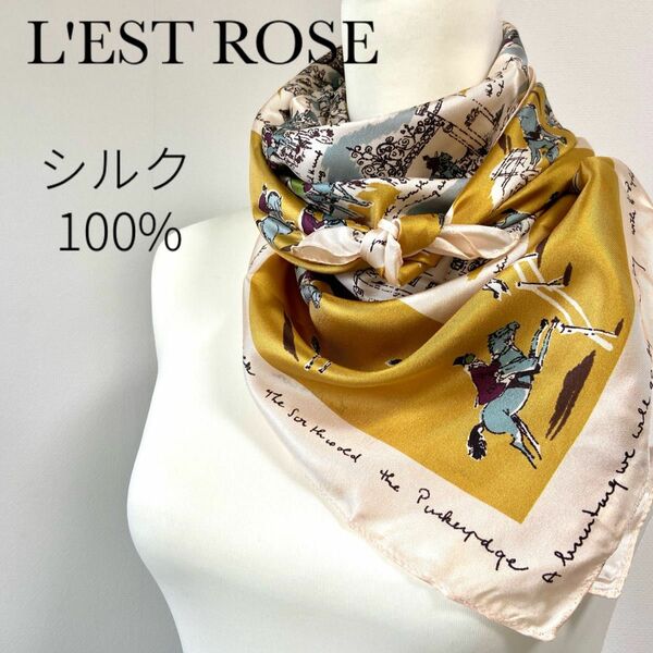 【新品タグ】L'EST ROSE シルク１００% スカーフ大判サイズ　日本製　 シルクスカーフ　ゴージャス　エレガント