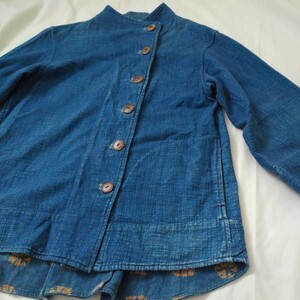 古布綿生地　ジャケット上着　大きめサイズ　中古衣料　色落ち　藍染　レトロ骨董市ファッション　リメイクにも