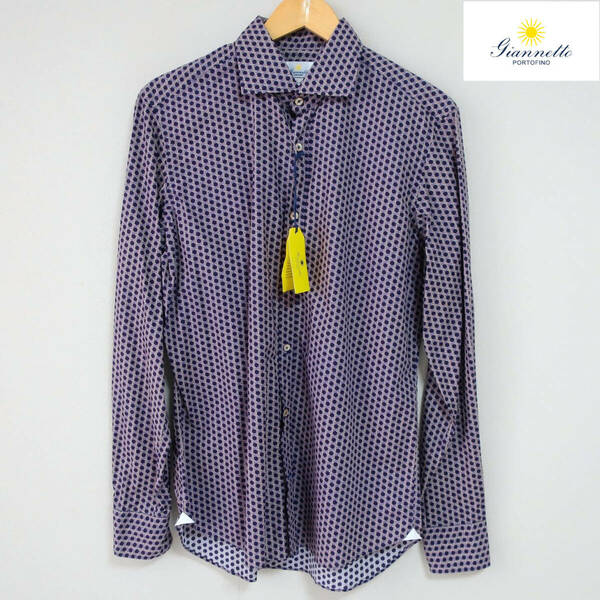 新品 未使用 GIANNETTO ジャンネット イタリア製 ドレスシャツ 総柄 長袖シャツ ドット チェック パープル 紫 メンズ 40 Lサイズ XLサイズ