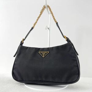 1円〜★PRADA プラダ チェーン アクセサリーポーチ ハンドバッグ ミニバッグ 三角プレート テスート ナイロン ブラック 黒 レディース