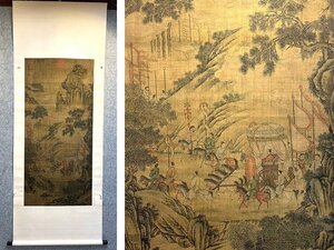 【安】中国明時代画家「崔子忠書」絹本「出遊図」掛軸 中国画 墨寶妙品 中国書道 古美味 古美術 400