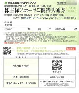 「東急不動産ホールディングス 株主優待」株主様スポーツご優待共通券(1枚) 有効期限2024年8月31日　ゴルフ場/東急スポーツオアシス/スキー