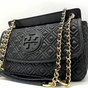 1円●高級品●TORY BURCH トリーバーチ マリオンライン キルティング チェーンショルダーバッグ レザー ブラック ゴールド金具 レディースの画像1