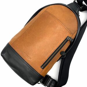 1円●美品/定価8万●COACH コーチ ボディバッグ ショルダーバッグ スリングバッグ 斜め掛け鞄 カーフレザー 牛革 ブラウン/ブラック メンズ