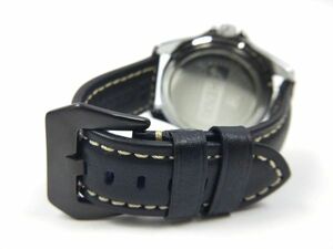 レザー製ミリタリーストラップ 交換用腕時計ベルト 本皮 クイックリリース 24mm ブラックX黒 #3