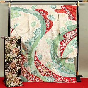 [ peace . pavilion ]EFH115 brand new! silk . long-sleeved kimono * double-woven obi set ( coming-of-age ceremony * wedding * graduation ceremony * the first . etc. ) white color ( secondhand goods )