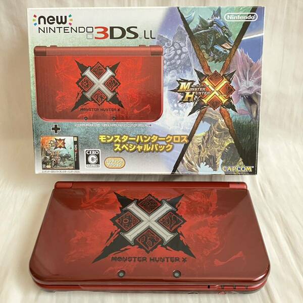 塗装剥がれあり【動作確認済み中古】Newニンテンドー3DS LL 本体「モンスターハンタークロス スペシャルパック」箱＆ソフト付き