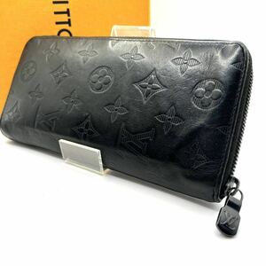 美品 ICチップ LOUIS VUITTON ルイヴィトン 長財布 ヴェルティカル シャドウ モノグラム ジッピーウォレット レザー 黒 ラウンド メンズ