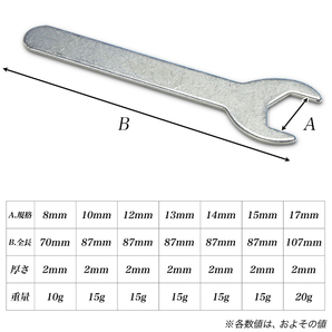 薄型簡易スパナ 7本組セット/8mm 10mm 12mm 13mm 14mm 15mm 17mm/家具の組み立て工具/狭い場所に便利 携行に便利/薄口片口スパナの画像2