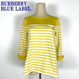 バーバリーブルーレーベル コットンボーダー長袖チュニックイエローBURBERRY BLUE LABEL ブランドロゴ刺繍有 ロング丈カットソー 38 C9774