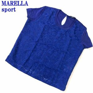 マレーラスポーツ 半袖シアー花柄刺繍ブラウスブルーMARELLA sport フロント総刺繍 透け感有 コットン100％ S C9860