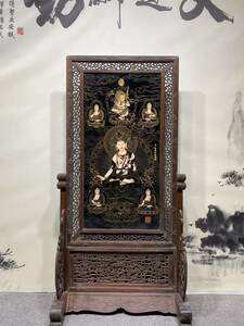 4:7972LT 中国骨董 人間国宝 木彫品【郎士寧の作品マホガニーの陶板画琺瑯撚糸のタンカ屏風】置物、彫刻品 書斎用具 精美彫 置物 收藏品