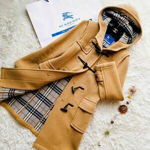 希少 BURBERRY BLUE LABEL バーバリーブルーレーベル ダッフルコート ノバチェック フード Aライン 刻印ボタン トグル リアルレザー 日本製