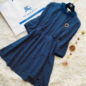 極美品 BURBERRY BLUE LABEL バーバリーブルーレーベル ドット フレア ブラウス ギャザー ひざ丈 ワンピース ロゴプレート Aライン 丸襟