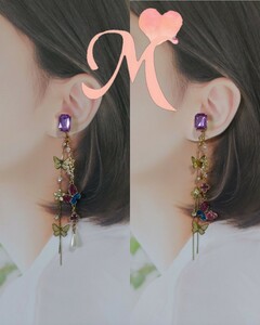 Art hand Auction Handmade metal hypoallergenic earrings or pierced earrings with butterfly cubic zirconia, also suitable for dresses, Handmade, Accessories (for women), Earrings, Earrings