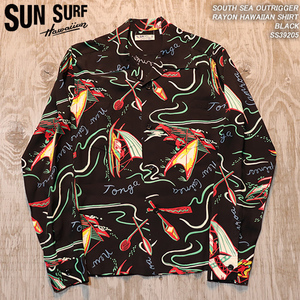 【L】SUN SURF サンサーフ SOUTH SEA OUTRIGGER レーヨンハワイアンシャツ BLACK SS39205 ジョンメイグス・デザイン 1950年代復刻アロハ