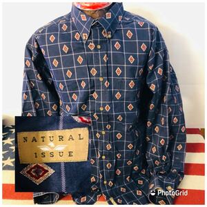 アメリカ古着　ビッグサイズ　NATURAL ISSUE XL オルテガ柄　総柄　ボタンダウンシャツ　ネイビー